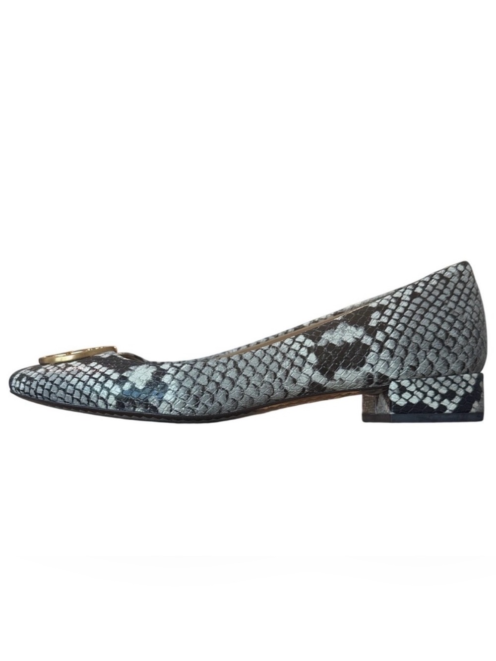 Tory Burch Chelsea Snake Embossed Ballet Flats Gold Logo Block Heel Size 7.5